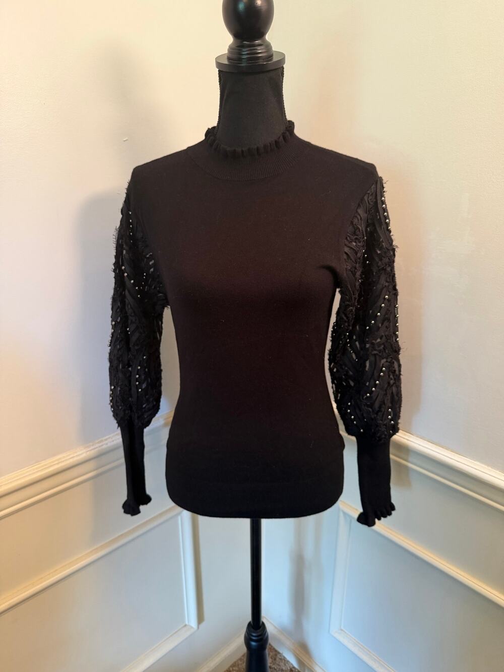Siani Milano Black Knit Sweater with Beaded Embellished Balloon Sleeves Whimsy